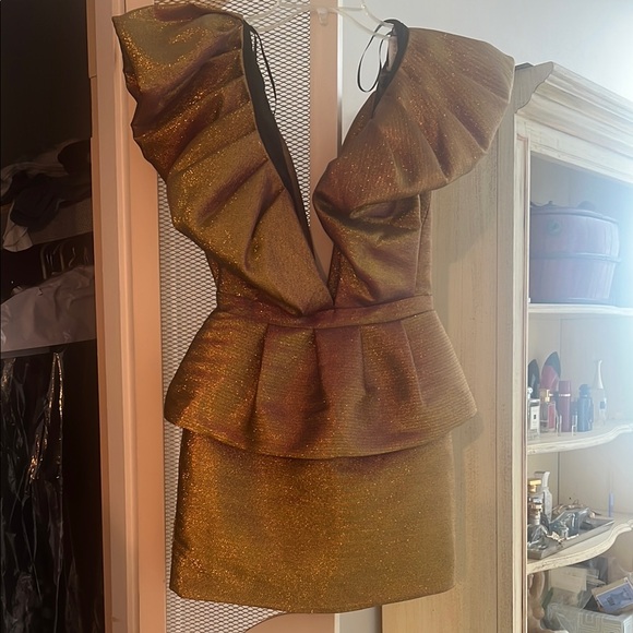 Gold Ruffled Mini Dress - Picture 1 of 2